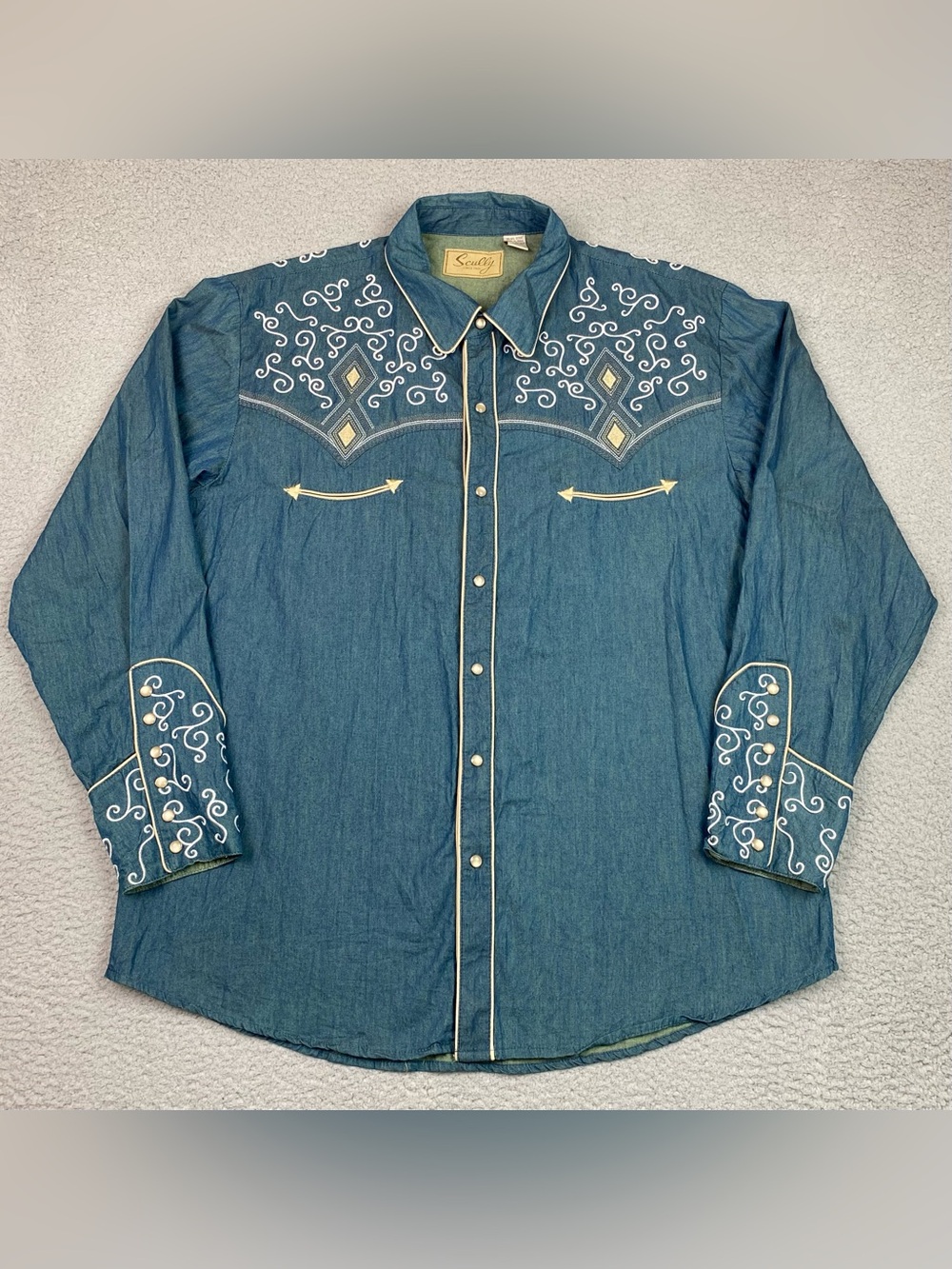 Scully Western Shirt Men's Sz XL Pearl Snap Long Sleeve Cowboy Rodeo Embroidered